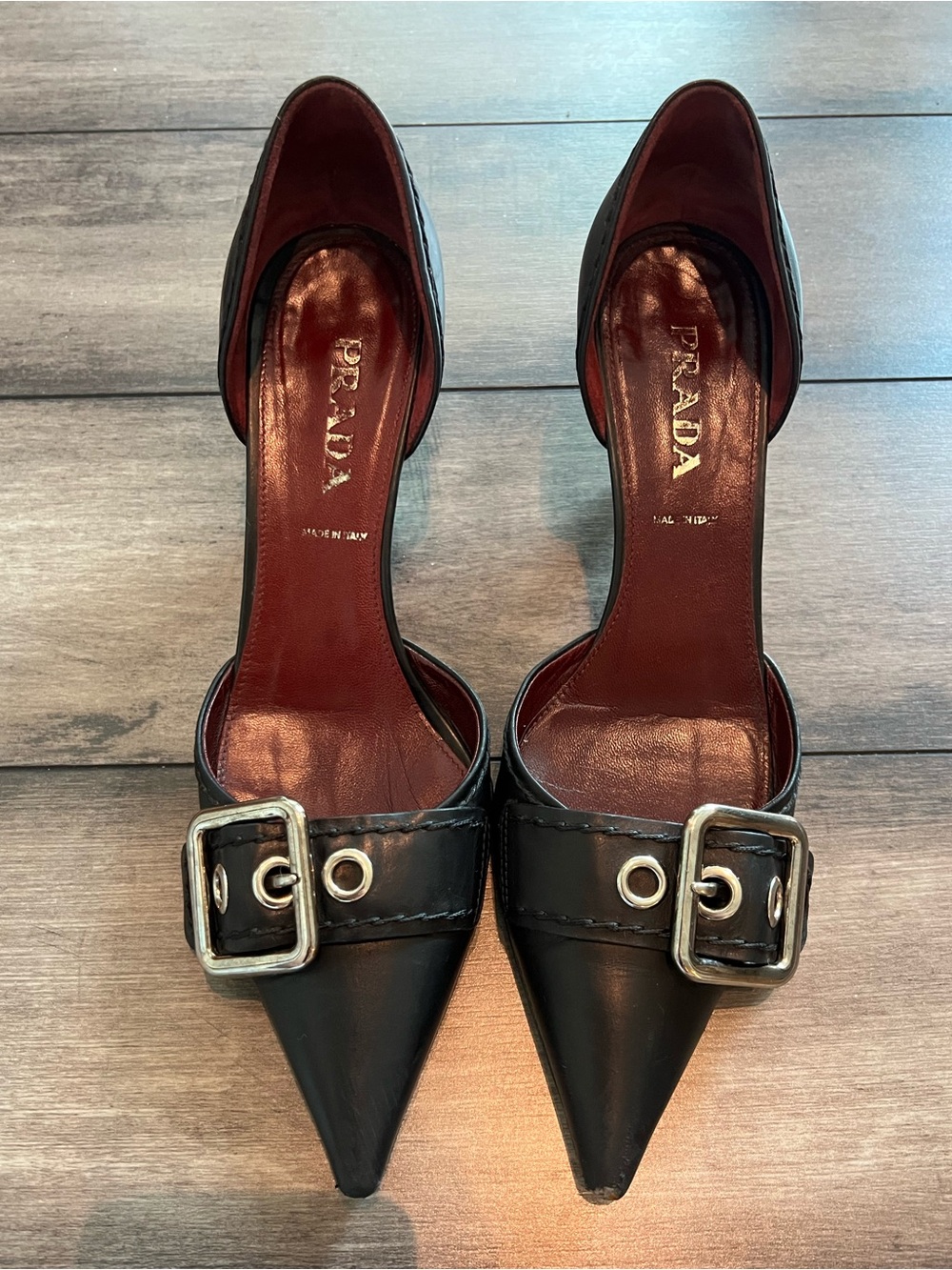 Vintage PRADA Black Leather Buckle D'Orsay Pumps Pointed Toe Kitten Heel 36 - Picture 2 of 8